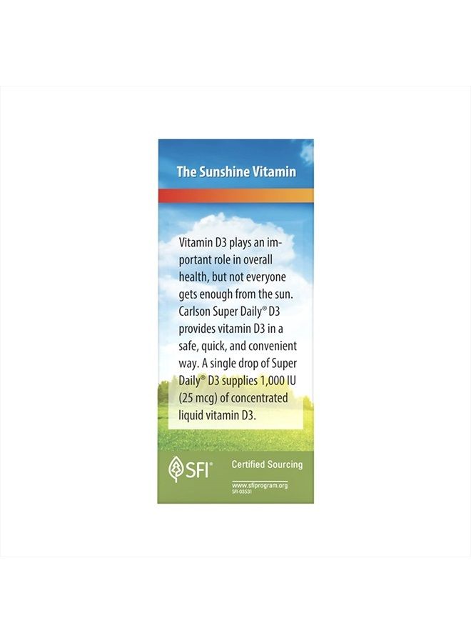 Carlson Super Daily D3, Vitamin D Drops, 1,000 IU (25 mcg) per Drop, 1-Year Supply, Vitamin D3 Liquid, Heart & Immune Health, Vegetarian, Liquid Vitamin D3 Drops, Unflavored, 365 Drops - Image 4
