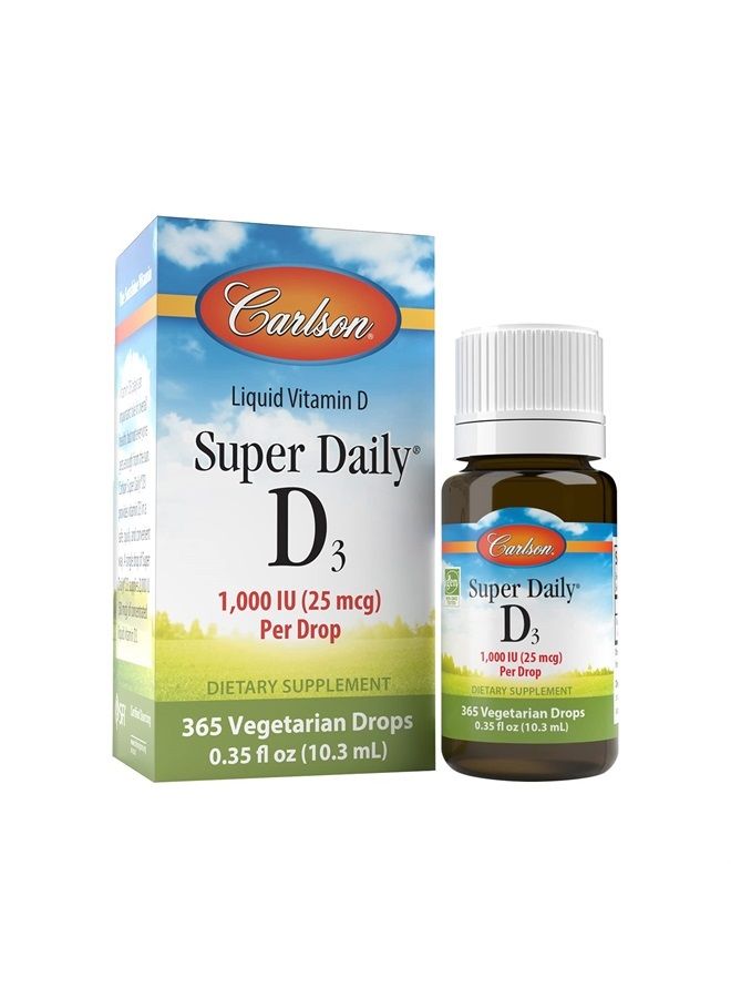 Carlson Super Daily D3, Vitamin D Drops, 1,000 IU (25 mcg) per Drop, 1-Year Supply, Vitamin D3 Liquid, Heart & Immune Health, Vegetarian, Liquid Vitamin D3 Drops, Unflavored, 365 Drops - Image 1