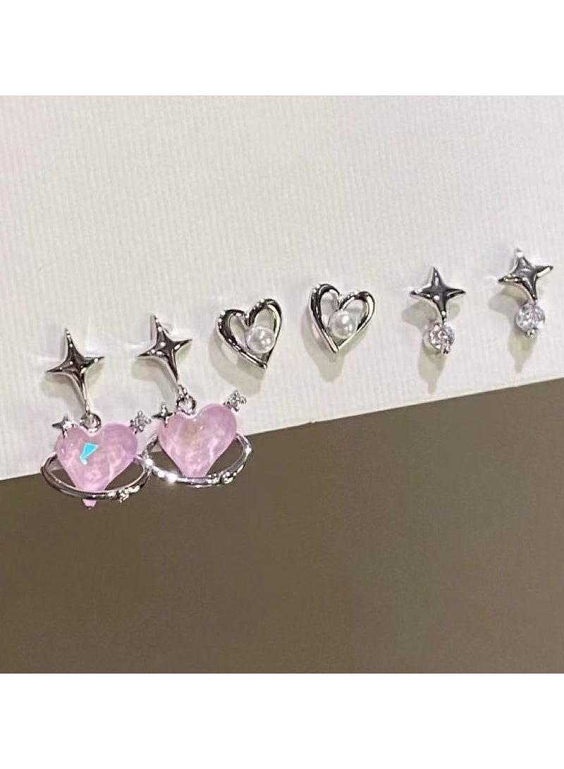 Goolsky Korean Unique Design Pink Heart & Star Earrings Set – 6-Piece Dainty Studs for Women, Trendy Autumn/Winter Fashion Jewelry  - Image 1