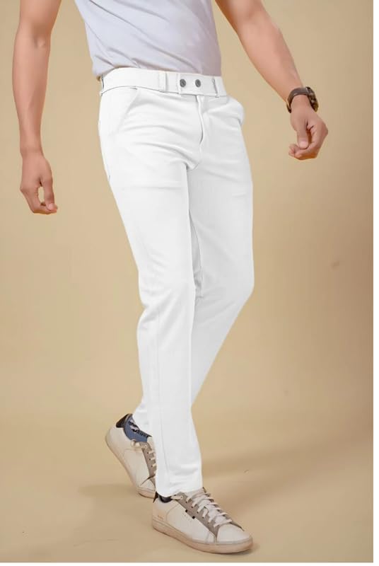 NoseQueen Men's Slim Fit Cargo Trousers | Stretchable Formal Men Trousers | Stylish Slim Fit Trouser for Men | Polycotton Knitted Fabric Pant for Man White - Image 5