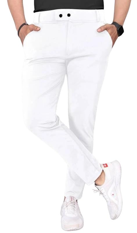 NoseQueen Men's Slim Fit Cargo Trousers | Stretchable Formal Men Trousers | Stylish Slim Fit Trouser for Men | Polycotton Knitted Fabric Pant for Man White - Image 1