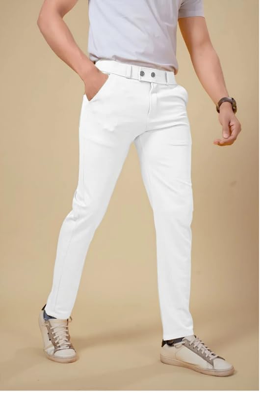 NoseQueen Men's Slim Fit Cargo Trousers | Stretchable Formal Men Trousers | Stylish Slim Fit Trouser for Men | Polycotton Knitted Fabric Pant for Man White - Image 2