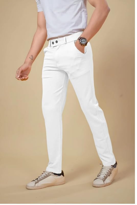 NoseQueen Men's Slim Fit Cargo Trousers | Stretchable Formal Men Trousers | Stylish Slim Fit Trouser for Men | Polycotton Knitted Fabric Pant for Man White - Image 4
