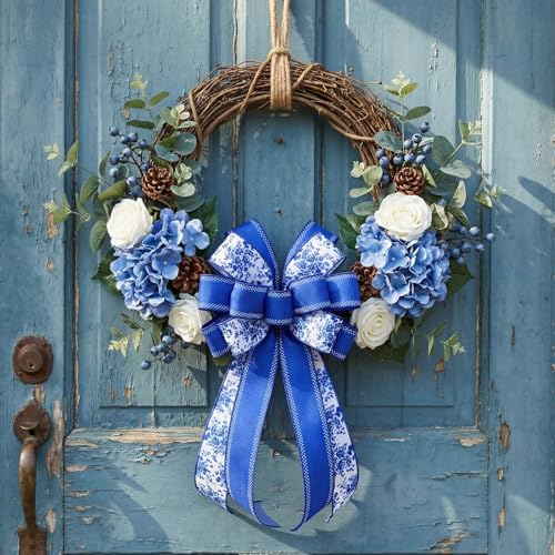 YKW 2 Rolls Chinoiserie Blue Floral Wired Edge Ribbon, 2.5 Inch × 5 Yards Each, Blue and White Linen Ribbon for Wreaths, Crafts, Bows, Wedding Decor - Spring Flower Decorative - Image 3