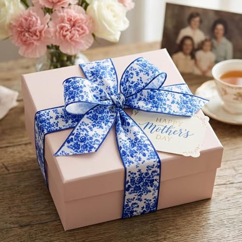 YKW 2 Rolls Chinoiserie Blue Floral Wired Edge Ribbon, 2.5 Inch × 5 Yards Each, Blue and White Linen Ribbon for Wreaths, Crafts, Bows, Wedding Decor - Spring Flower Decorative - Image 4