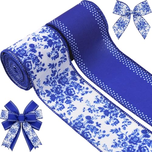 YKW 2 Rolls Chinoiserie Blue Floral Wired Edge Ribbon, 2.5 Inch × 5 Yards Each, Blue and White Linen Ribbon for Wreaths, Crafts, Bows, Wedding Decor - Spring Flower Decorative - Image 1