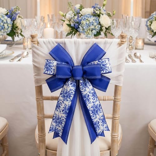 YKW 2 Rolls Chinoiserie Blue Floral Wired Edge Ribbon, 2.5 Inch × 5 Yards Each, Blue and White Linen Ribbon for Wreaths, Crafts, Bows, Wedding Decor - Spring Flower Decorative - Image 5
