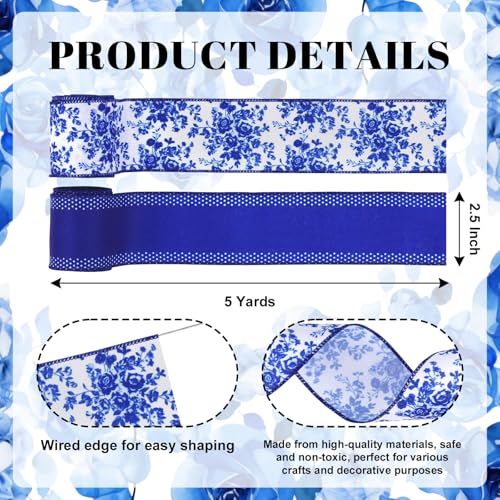 YKW 2 Rolls Chinoiserie Blue Floral Wired Edge Ribbon, 2.5 Inch × 5 Yards Each, Blue and White Linen Ribbon for Wreaths, Crafts, Bows, Wedding Decor - Spring Flower Decorative - Image 2