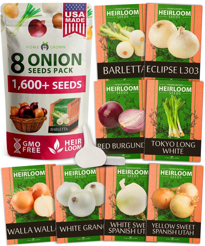 HOME GROWN 8 Onion Seeds for Planting 1,600 Heirloom Vegetable Seeds Grow Sweet, Yellow, Red, Spanish, Green & Vidalia Onions in Outdoor or Indoor Home Garden - Image 1