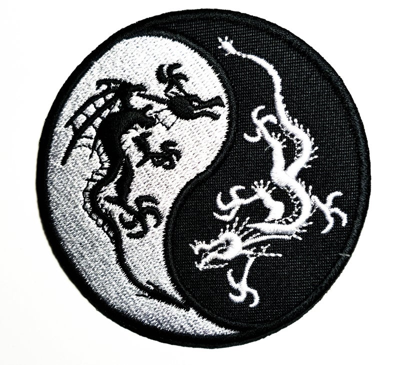HHO Yin Yang Black  White Dragons China Patch Embroidered DIY Patches Cute Applique Sew Iron on Kids Craft Patch for Bags Jackets Jeans Clothes