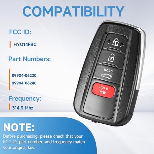 LYFUCESS Smart Key Fob Replacement Fits for Toyota Camry 2018 2019 2020 2021 2022 2023 Proximity Keyless Entry Remote Start Control 314.3 Mhz P/N:89904-06220 89904-06240 FCC:HYQ14FBC 4 Button - Image 2