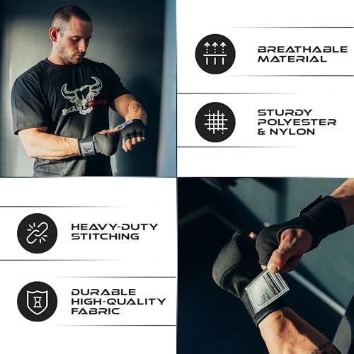 BEAST RAGE Inner Gloves with Hand Wraps Quick Wrap Long 36" Wrist Support MMA Muay Thai Bandages Punching Martial Arts Training Men Women Kickboxing Bandages Under Bag Gloves (Black Rage, M (Adult)) - Image 5