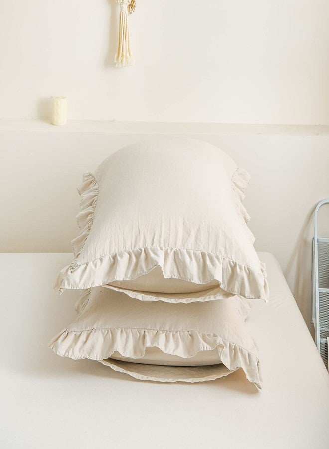 Merryword Cream Pillowcases King Pillowcases Ruffled Pillow Shams Set of 2 Cute Pillowcases Solid Ruffled Fringe Design Beige Grey Shabby Chic Pillowcases 2 Pack (King (20''x36''), Beige Grey) - Image 3