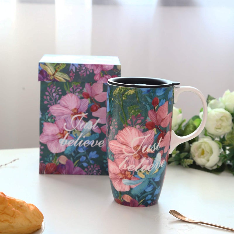 Topadorn Ceramic Coffee Cup Tall Ceramic Mug 17 Oz. With Lid And Color Box. Just Believe - Image 3