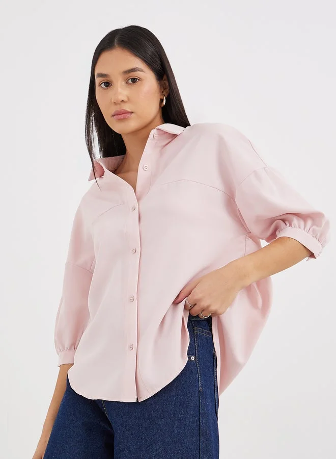 Styli Curved Hem Balloon Sleeve Oversized Shirt