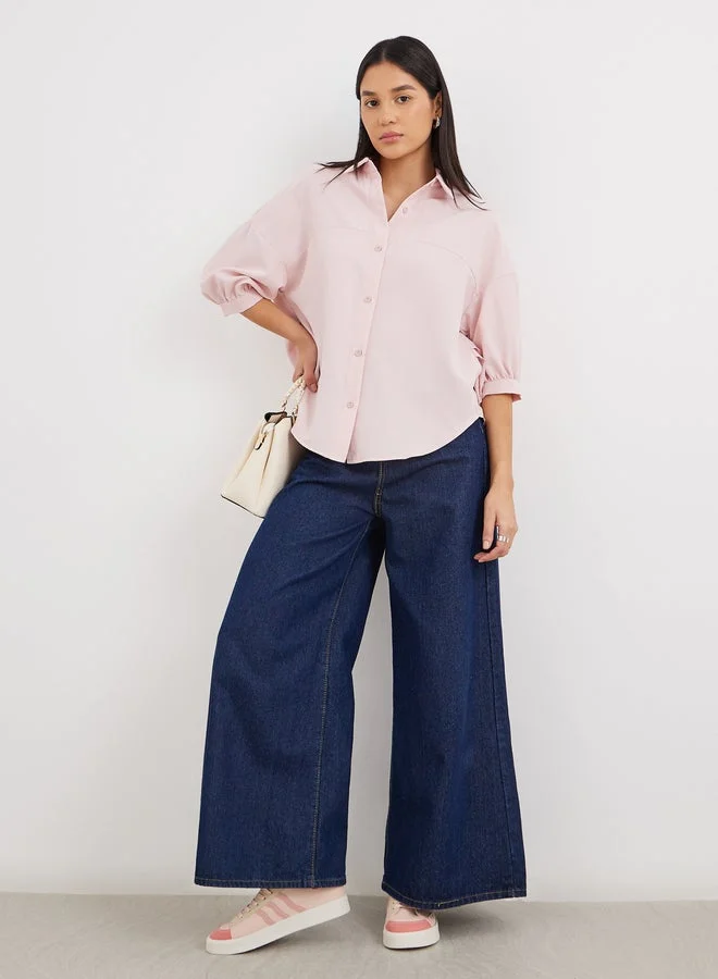 Styli Curved Hem Balloon Sleeve Oversized Shirt