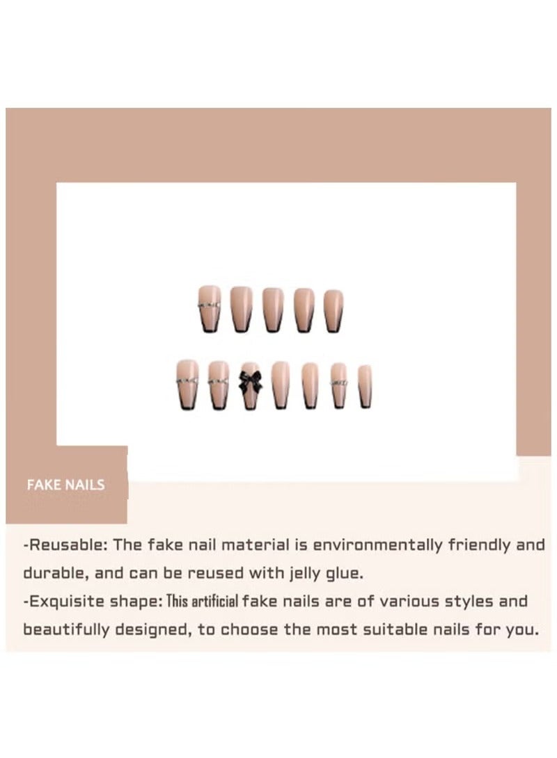 Generic Press on nail, long black French chain fake nail, black three-dimensional bow high-end fake acrylic nail, with nail kit (24 pieces) - Image 5