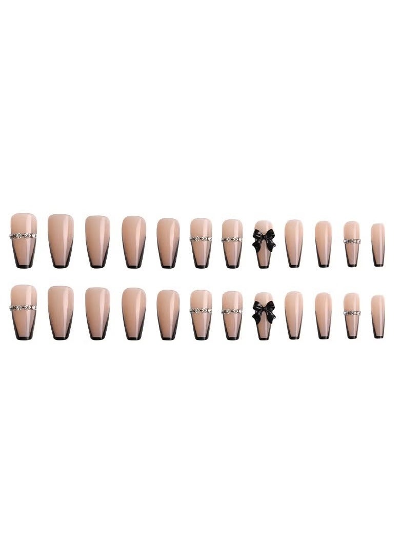 Generic Press on nail, long black French chain fake nail, black three-dimensional bow high-end fake acrylic nail, with nail kit (24 pieces) - Image 3