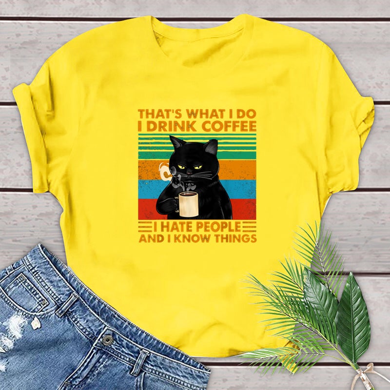 That'S What I Do I Drink Coffee Cat Coffee Fun Print Letter Short Sleeve T-Shirt - Image 5