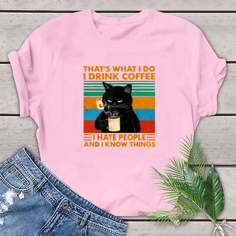 That'S What I Do I Drink Coffee Cat Coffee Fun Print Letter Short Sleeve T-Shirt - Image 3