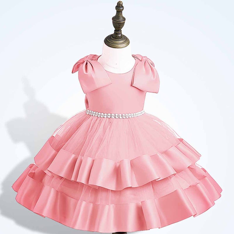 Girls New Solid Color Big Bow Mesh Puff Dinner Performance Dress Girls Birthday Party dress shrimp powder