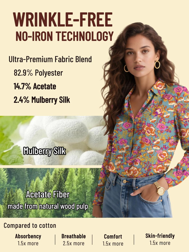 COUXILY Womens Button Down Blouse Long Sleeve Silk Shirts for Women Tops Fall Business Casual Shirt Work Dressy Fashion Blouses Formal Trending Print Office Paisley Bohemian Colorful Floral 02 L - Image 3