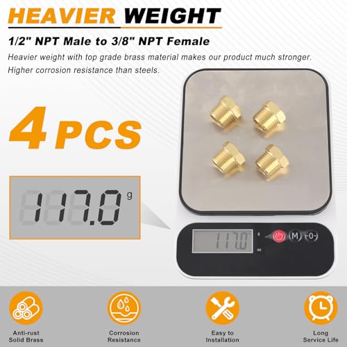 KOOTANS 4pcs Heavy Duty 1/2 NPT Male Thread to 3/8 NPT Female Thread Brass Reducer Hex Bushing Brass Fitting Pipe Hose Tube Adapter Convert - Image 5