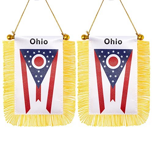 CANTENDO 2 Pack American US Ohio Window Hanging Flag,Mini USA Ohio State Car Flag with Pole Tassel Suction Cup Rearview Mirror Decoration(3x5 Inch) - Image 1