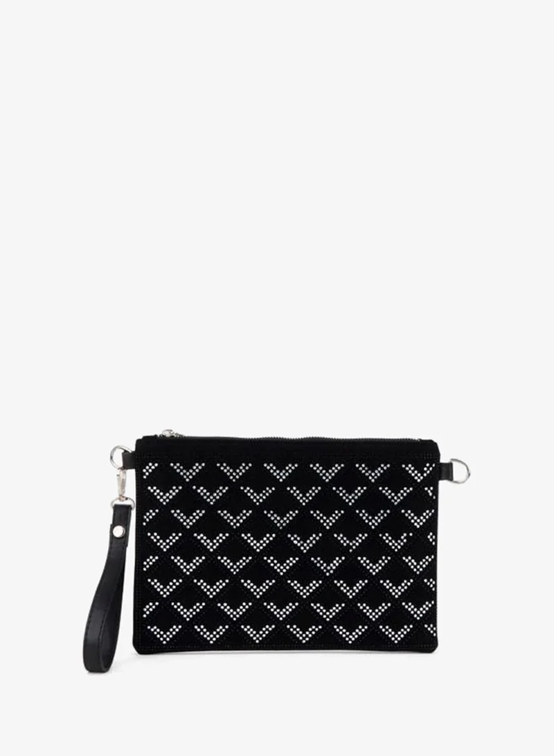 Women's Structured V Silver‑Studded Suede Wrist‑Strap and Chain‑Strap Portfolio and Clutch Bag