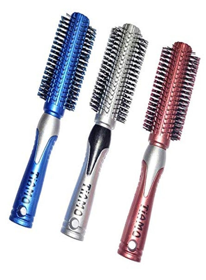 Tiamo Round Plastic Hairbrush set blue, brown and silver for self grooming - Image 1