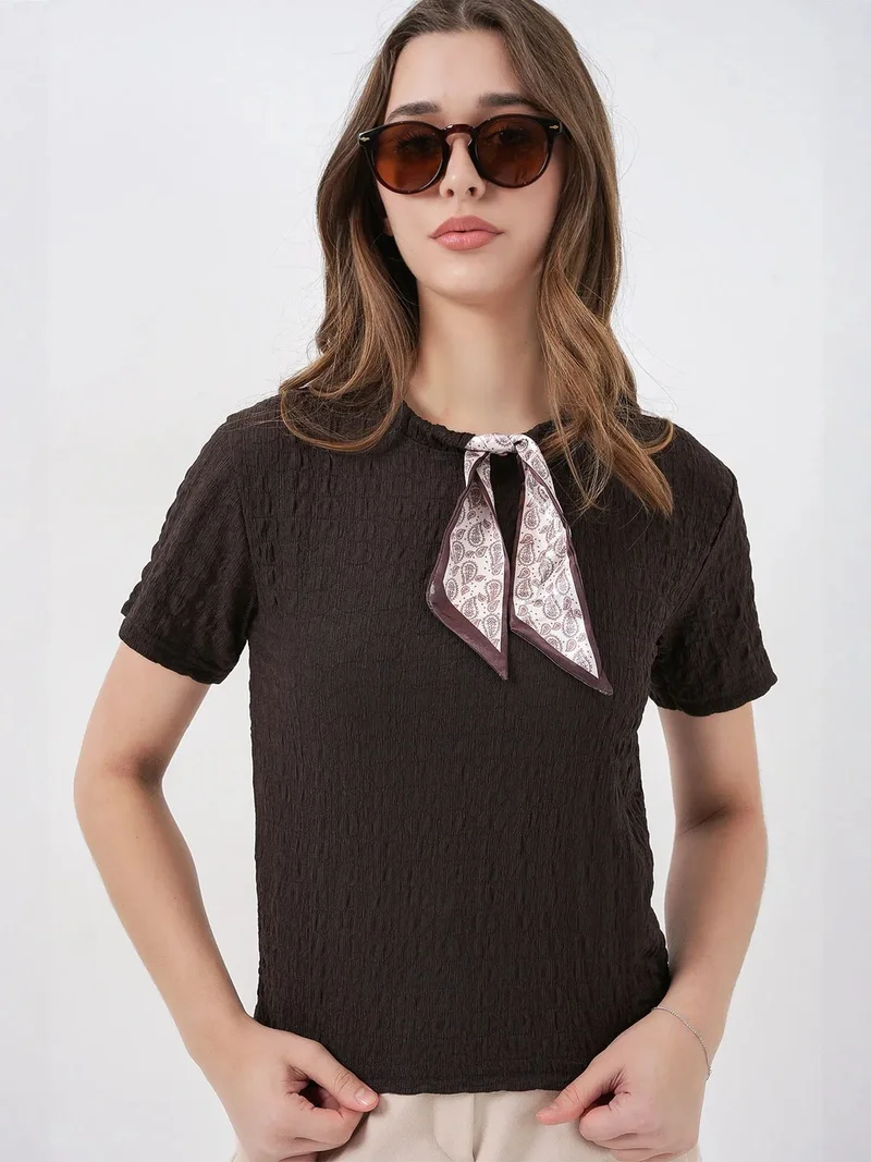 BIG DART BDART Textured Crew Neck Blouse with Scarf Detail