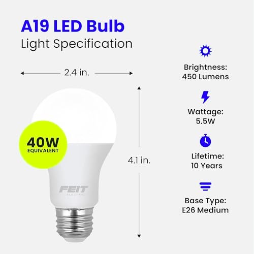 Feit Electric A19 LED Light Bulbs, 40W Equivalent, Non Dimmable, 450 Lumens, E26 Standard Base, 2700k Soft White, 80 CRI, 10 Year Lifetime, Energy Efficient, 4 Pack, A450/827/10KLED/4 - Image 2