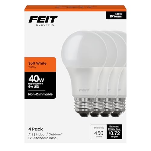 Feit Electric A19 LED Light Bulbs, 40W Equivalent, Non Dimmable, 450 Lumens, E26 Standard Base, 2700k Soft White, 80 CRI, 10 Year Lifetime, Energy Efficient, 4 Pack, A450/827/10KLED/4 - Image 1