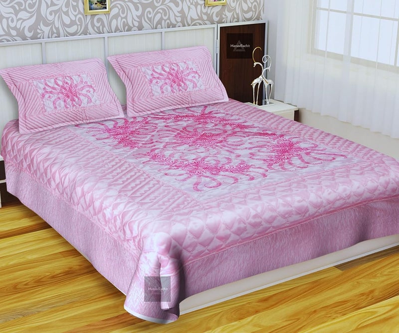 ManavRachit Satin Gold Printed 310 TC Wedding Bedding SetBedsheet with 2 Pillow Covers for Home Living RoomPink Set of 3pcVIP Print - Image 1
