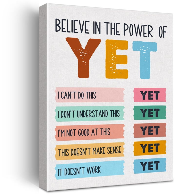 Mental Health Wall Art Canvas Painting Growth Mindset Print Framed I Believe in the Power of Yet Canvas Sign for Therapy Office Counselor Office Decor 12x15 Inch