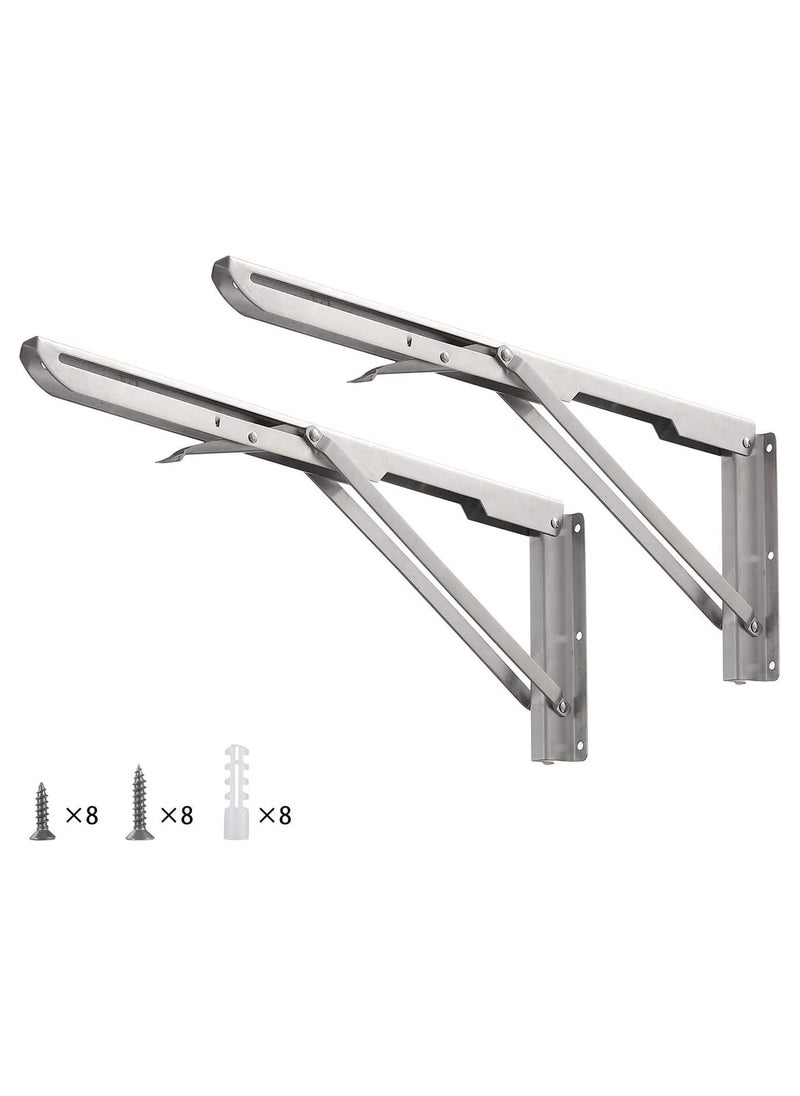 Folding Shelf Brackets 14inch - 2pcs Heavy Duty Stainless Steel Wall Mounted Triangle Brackets for Table Work Bench, Space Saving DIY Bracket