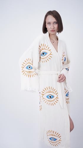 Bodho Handmade Evil Eye Boho Festival Kimono, Boho Beachwear, Beachwear Cover Up, Ethnic Kimono, Evil Eye Robe - Image 2