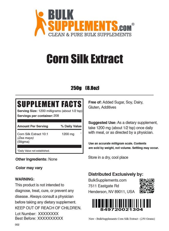 BULKSUPPLEMENTS.COM - Corn Silk Extract Powder Herbal Supplement Zea Mays Pure Gluten Free 1200Mg Per Serving 208 Servings 250 Grams 88 Oz - Image 1
