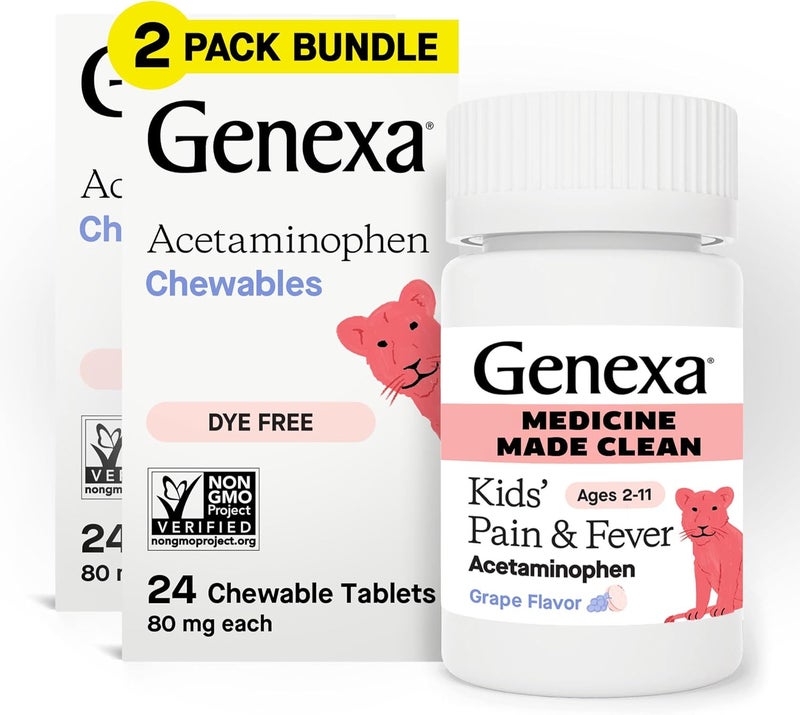 Genexa Kids Clean Pain  Fever Acetaminophen Chewables Dye Free 0 Artificial Additives Delicious Grape Flavor Chewable Medicine for Children 211 80 mg per Tablet 48ct 2 Pack - Image 1