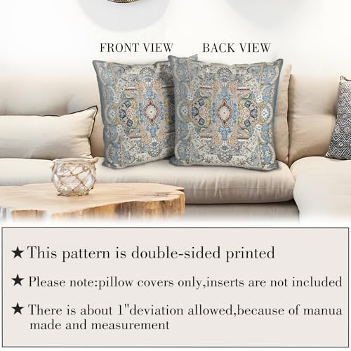 BUAEL Boho Floral Throw Pillow Covers 20x20 inch Set of 2,Blue Boho Rug Geometric Floral Pattern Decor Double Sided Pattern Cushion Cover Soft Pillow Case Living Sofa Room Bed Square Pillow Cover - Image 3