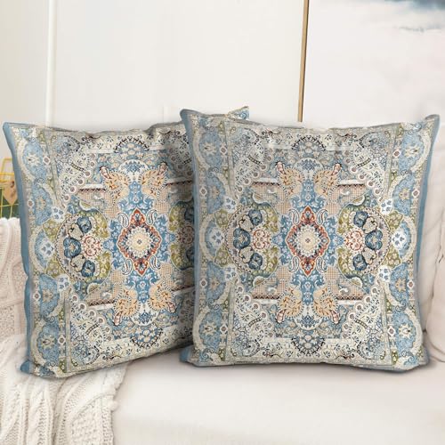 BUAEL Boho Floral Throw Pillow Covers 20x20 inch Set of 2,Blue Boho Rug Geometric Floral Pattern Decor Double Sided Pattern Cushion Cover Soft Pillow Case Living Sofa Room Bed Square Pillow Cover - Image 1