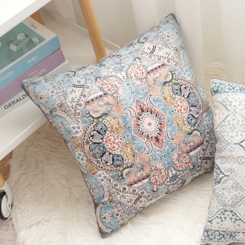 BUAEL Boho Floral Throw Pillow Covers 20x20 inch Set of 2,Blue Boho Rug Geometric Floral Pattern Decor Double Sided Pattern Cushion Cover Soft Pillow Case Living Sofa Room Bed Square Pillow Cover - Image 5