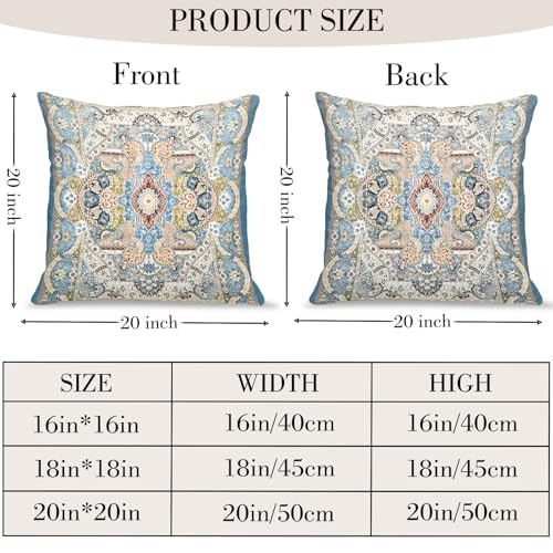 BUAEL Boho Floral Throw Pillow Covers 20x20 inch Set of 2,Blue Boho Rug Geometric Floral Pattern Decor Double Sided Pattern Cushion Cover Soft Pillow Case Living Sofa Room Bed Square Pillow Cover - Image 2