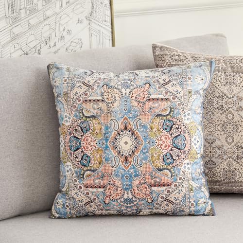 BUAEL Boho Floral Throw Pillow Covers 20x20 inch Set of 2,Blue Boho Rug Geometric Floral Pattern Decor Double Sided Pattern Cushion Cover Soft Pillow Case Living Sofa Room Bed Square Pillow Cover - Image 4