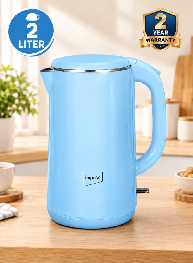 Impex Electric Kettle 2.0 Ltr Double Layer| 304 Stainless Steel | Seamless Inside Body | 360 Cordless Base | Indicator Light | FADA Double Controller | Convenient Cord Storage | Multiple Protection System 2 L 1500 W Steamer 2002 Blue - Image 1