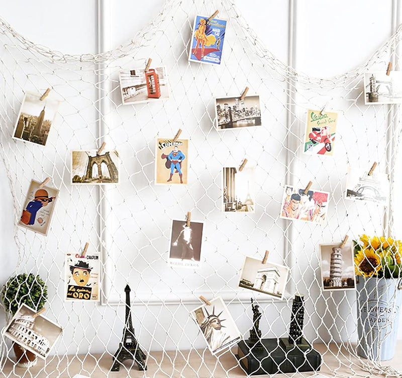 INFIPRISES Photo Hanging Display Fishing Net Picture Frame Wall Decoration Wall Decor Collage Photo Picture Frame with 40 Wooden Clothespins (Net Size: 150x150cm, Clip Size: 2.5cm) - Image 1