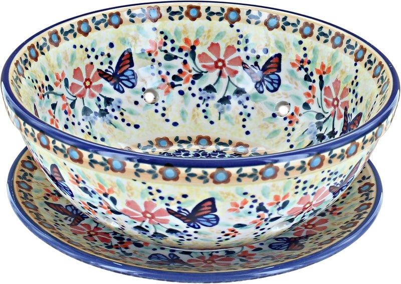 Blue Rose Pottery Blue Rose Polish Pottery Blue Butterfly Berry Bowl with Plate - Image 1