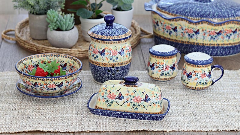 Blue Rose Pottery Blue Rose Polish Pottery Blue Butterfly Berry Bowl with Plate - Image 2