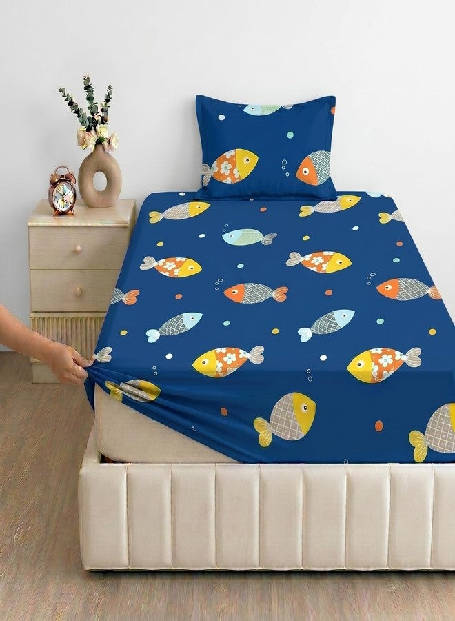 Filymore Kids Cute Fish Elastic Fitted bedsheet for Single Bed Made with 240 TC Soft Microfiber 1 bedsheet and 1 Pillow Cover (Size 72 x 36 inches) fit up to 8 inches Mattress(Colour-Blue and Yellow) - Image 1