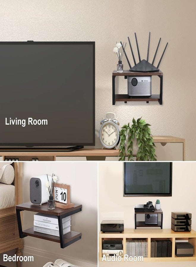 LUCKUP 2 Tier Floating AV Shelves Wall Mounted Projector Shelf Wooden Media Stand with Cable Relief Notch, Entertainment Center Metal Steel Frame - Image 2
